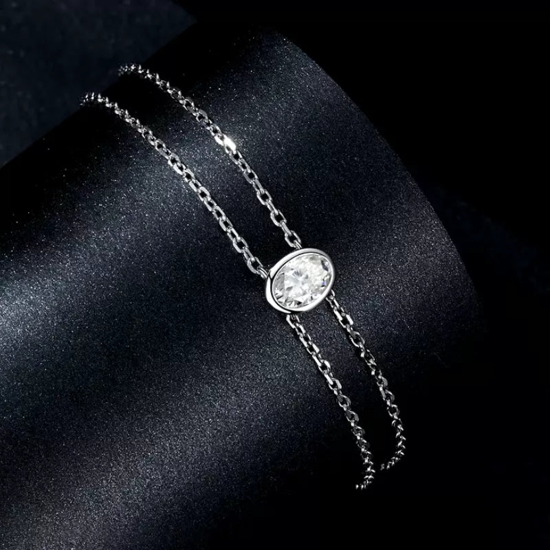 Pulseira de Prata com Moissanite e Corrente Dupla BellaWoman