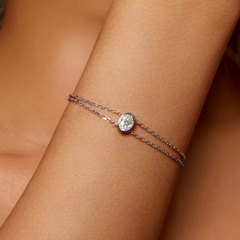 Pulseira de Prata com Moissanite e Corrente Dupla BellaWoman