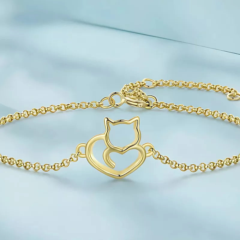 Pulseira de Prata Coração em Forma de Gato BellaWoman